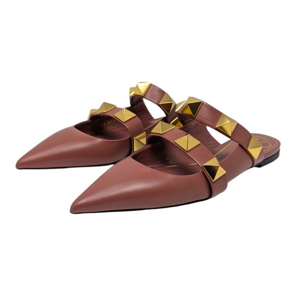 Valentino Garavani Roman stud leather pointed toe flat mule gold brown 38 - Picture 5 of 13
